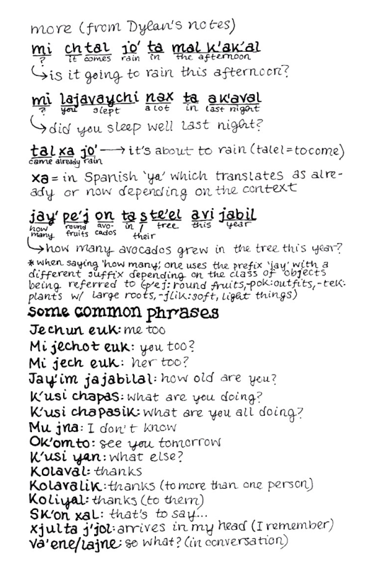 more (frent Dylan’s 1o ces)  i 0’ ’ . mi gatsl a0 da galjcaical Gis it gelng to vain this afterncert? i Lghja_vggc_hi naxX ta awaval i §  TSt atot DN (35 night Gy you sleep well 135t night?  talxa jo’—it’s about to vein (hi(el:tmccme) Game atradg Fain,  X3 =in Spanish ‘ya’ which transtates as alre- ady or now depending on the context  ia " P  jay’pe on tgstziel 3vidgbll  By s oass e  Gonow many. avocades grew in the tree this ya? being. referred 0 Gre und Aults,Poioutsits,-tew: plants w/ large roots,~jLik:soft, LFat things) Some commMon phrases  Jechun euk: me o  Mi jechot euk: you too?  Ml jech euk: hex too?  Jay’im jajabilal: how old are yeu?  Kusl chapas: what ave yeu doing?  Kousi chapasik: what are yeu all doing?  Mu jna: T dow t know  Owomto: see yeu tonerrons  Kusi yan:what else?  Kolaval: thanks  KolavaLik: thanks (tomere than one persen) Koliyal: thanks (to thery)  SK’on xal: that’s tosay.. . Xjulta j’jol:anrives tnmy head (I rememicer) Va’ene/lajne s What? (it conversatio n)  